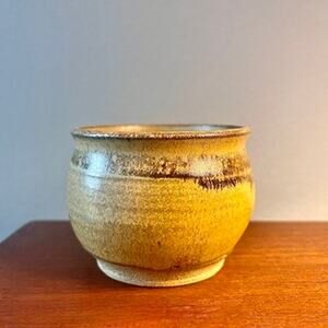 Vintage Studio Pottery Pot with Gold and Brown Drip Glaze 1975